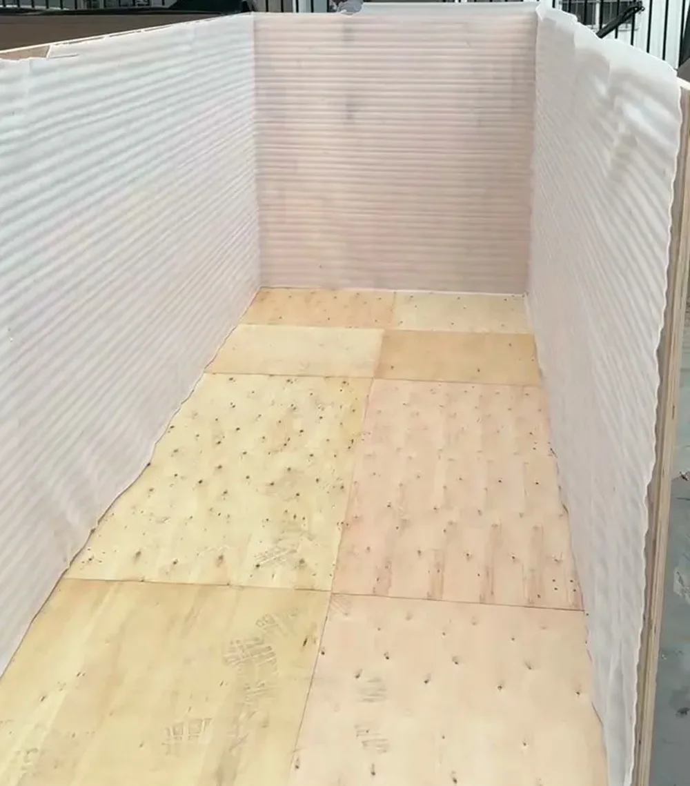 Foam-lined reinforced export crate prepared for fragile glass transport