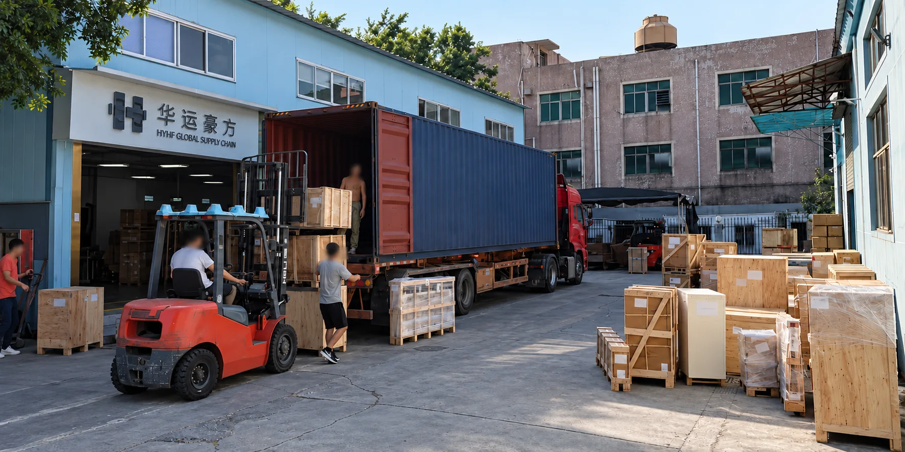 Forklift and wooden crates beside a container at a China warehouse